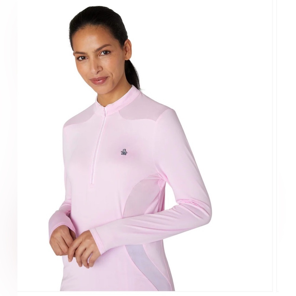 Original Penguin Zip-Neck Top with Mesh Panels in Gelato Pink- Size Medium